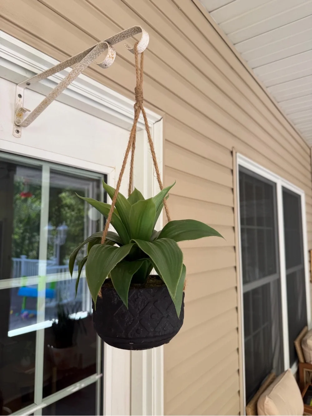 Magnolia Faux Plant Black Hanging Planter with Jute Rope - Home Accents